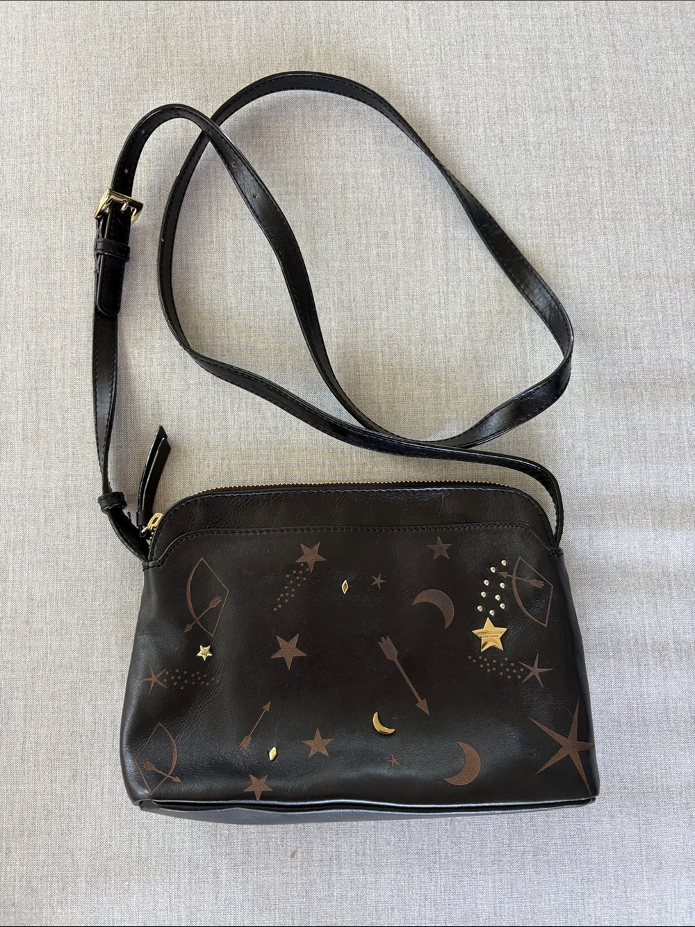 Tignanello Black Leather Crossbody with Celestial Star & Moon Motif